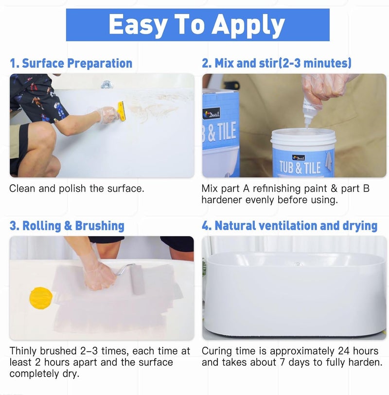 DWIL Tub and Tile Paint 16.5 oz, Tub Paint for Bathtub, Tile Refinishing with Hardener, Water Based, Low Odor, Semi-Gloss White, 25-30sq.ft - Image 4